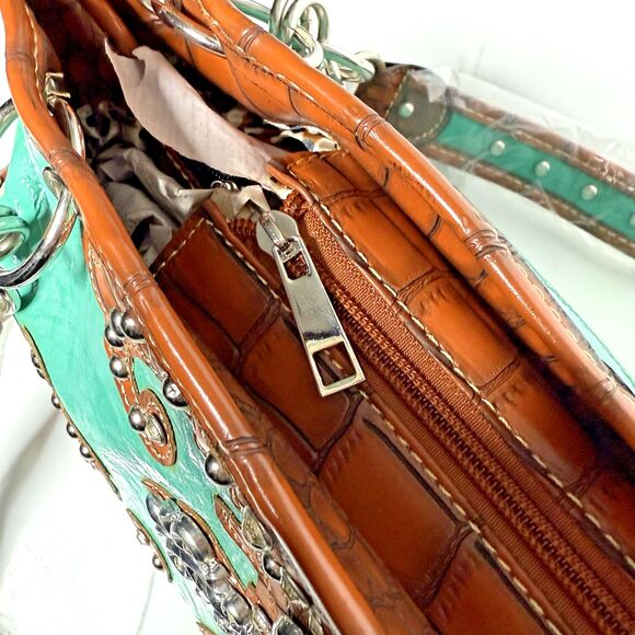 Western Turquoise Rhinestone Cross Handbag Tooled Brown Faux Leather Chain Strap - Picture 11 of 14